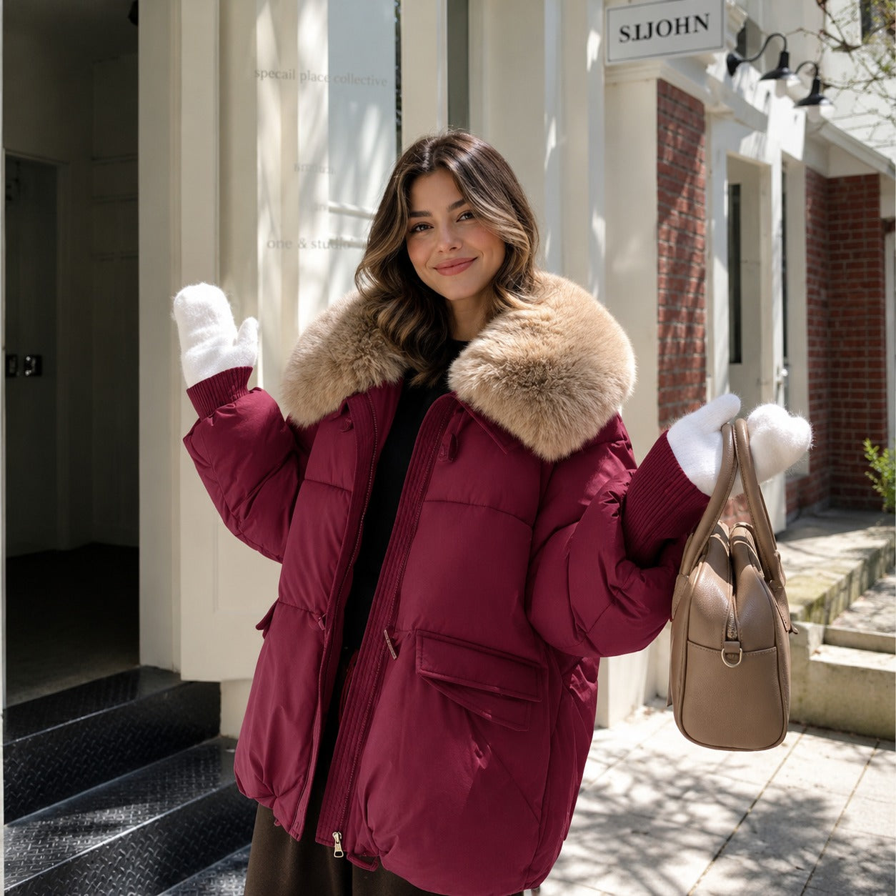Chaqueta Dorenne™ con Puffer Premium, Cuello de Pelo Sintético y Puños de Canalé