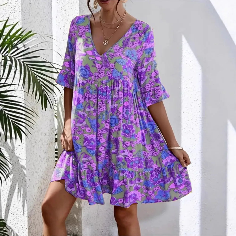 Vestido Amarisa™ con Estampado Floral, Mangas 3/4 y Fruncido Bajo el Busto