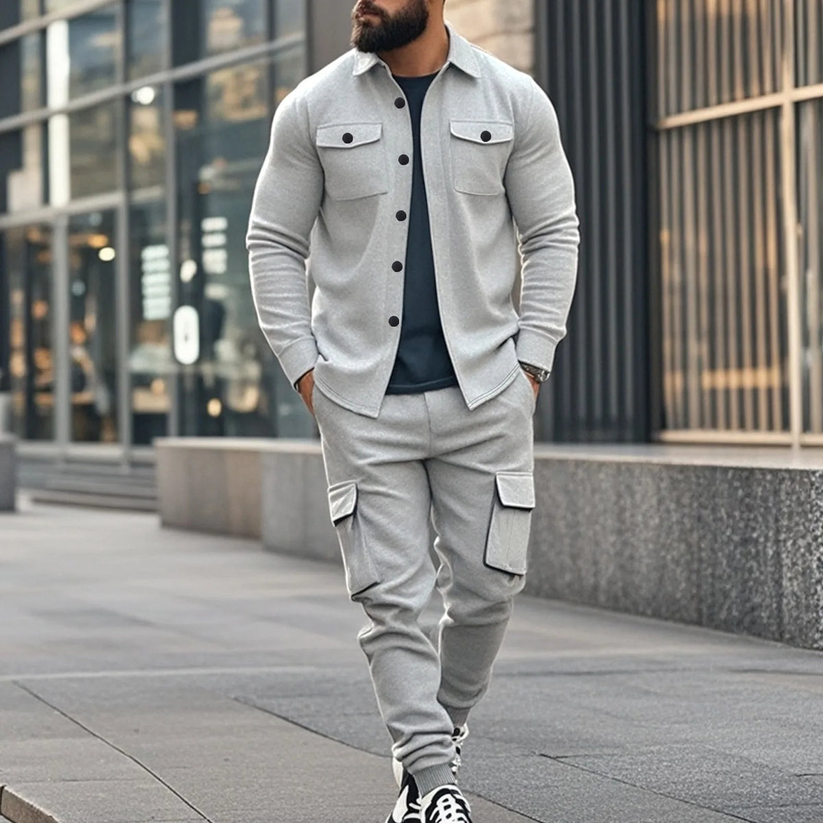 Conjunto Leandro™ de Felpa con Camisa de Manga Larga y Pantalón Cargo