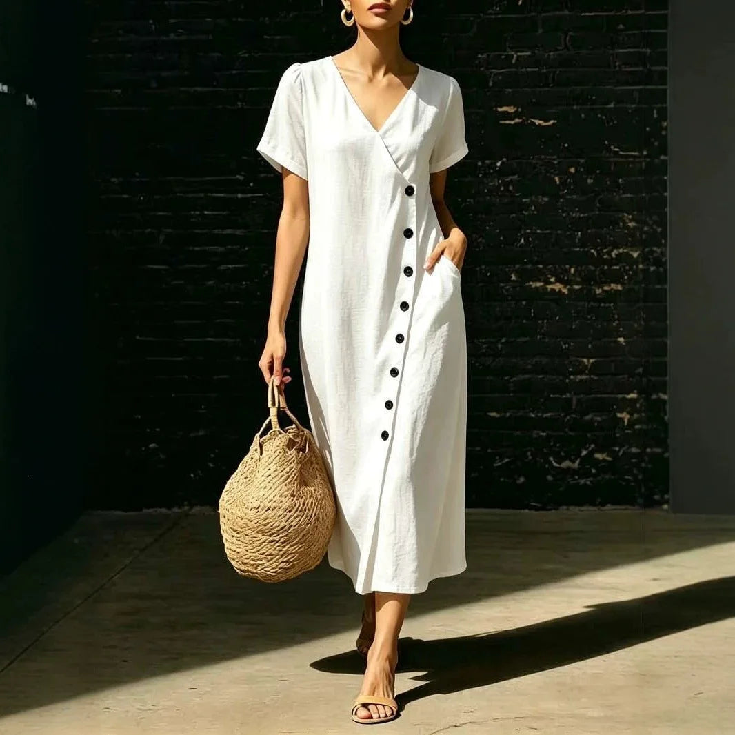 Vestido Midi Clarisa™ Con Escote En V Y Botones Elegantes