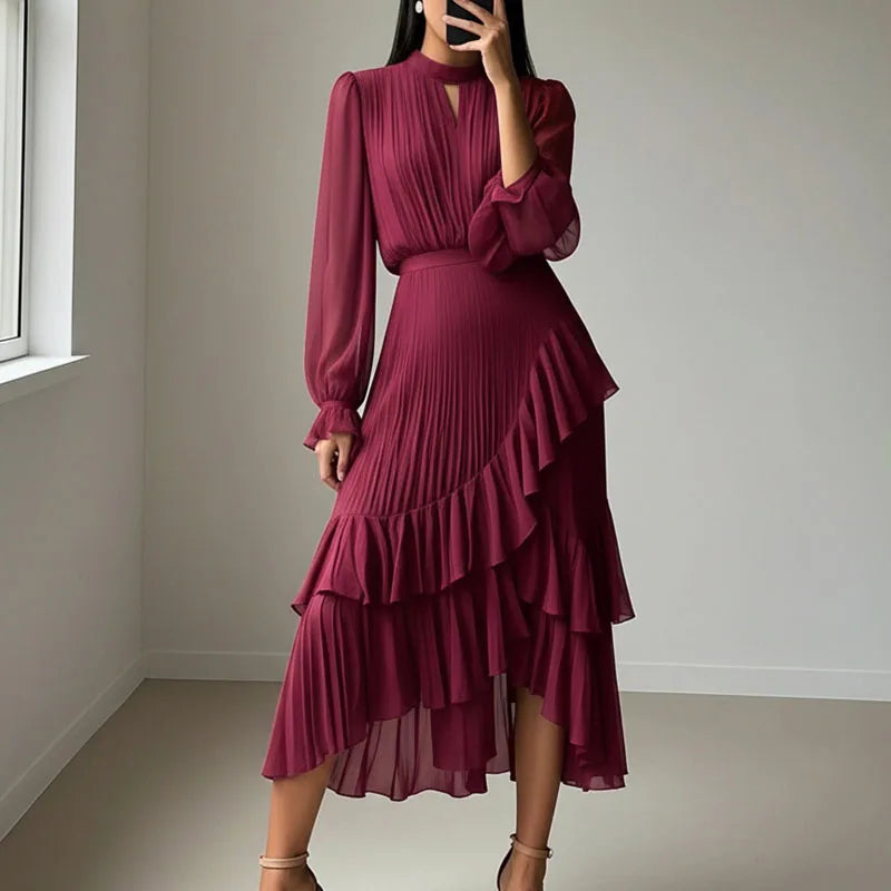 Vestido Lioren™ con Plisado Sofisticado y Volantes Asimétricos
