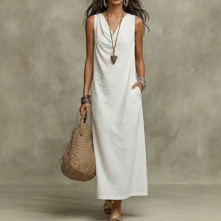 Vestido Largo Aveline™ con Escote Drapeado y Bolsillos Laterales