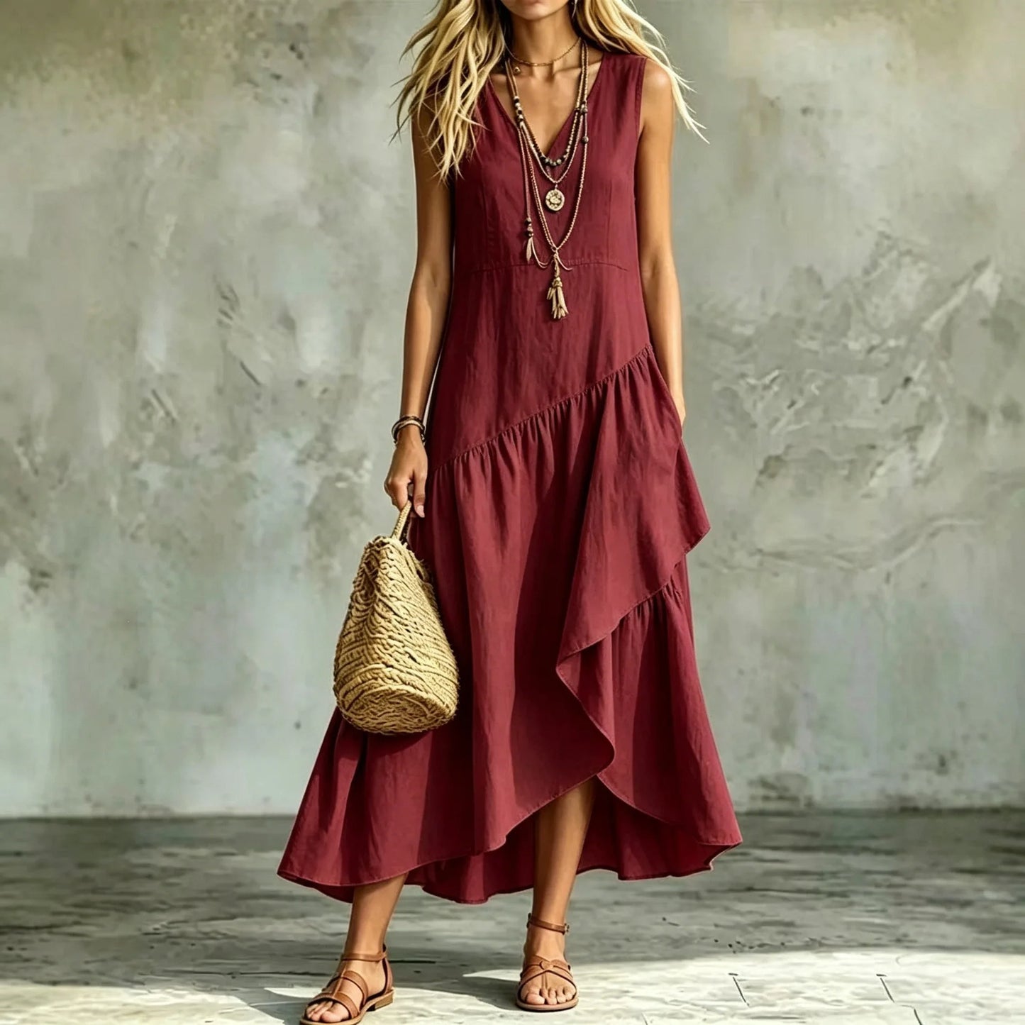 Vestido Liorah™ con Escote en V y Falda Asimétrica de Capas Fluidas
