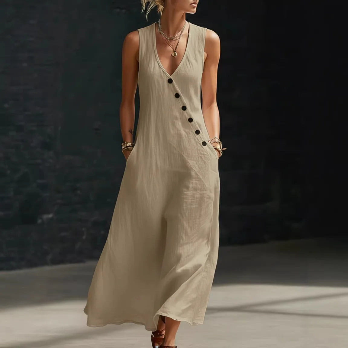Vestido Midi Antonella™ con Botones Elegantes y Escote en V