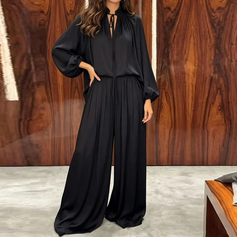 Conjunto Maristela™ con Blusa de Lazo Fluida y Pantalón de Pierna Ancha