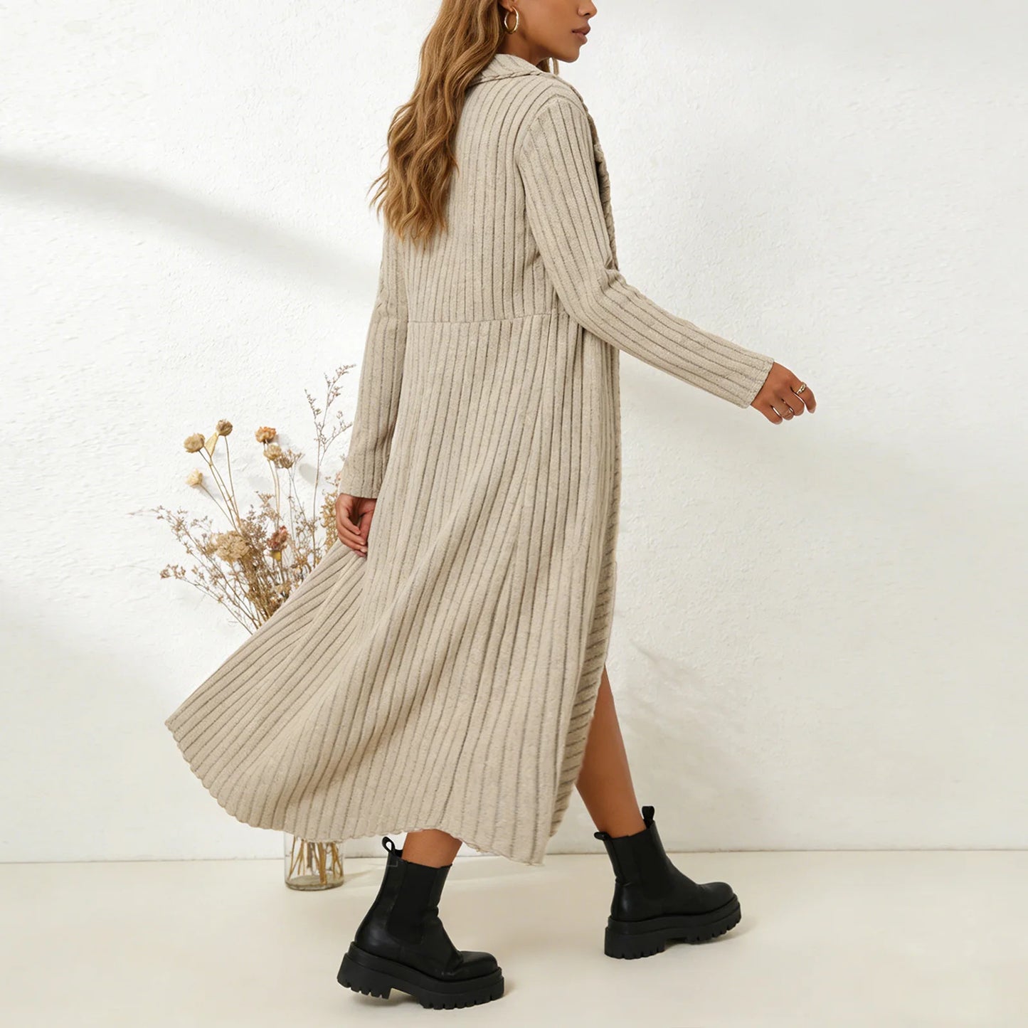 Conjunto Aurenza™ Con Vestido Cuadros y Cárdigan Largo de Punto