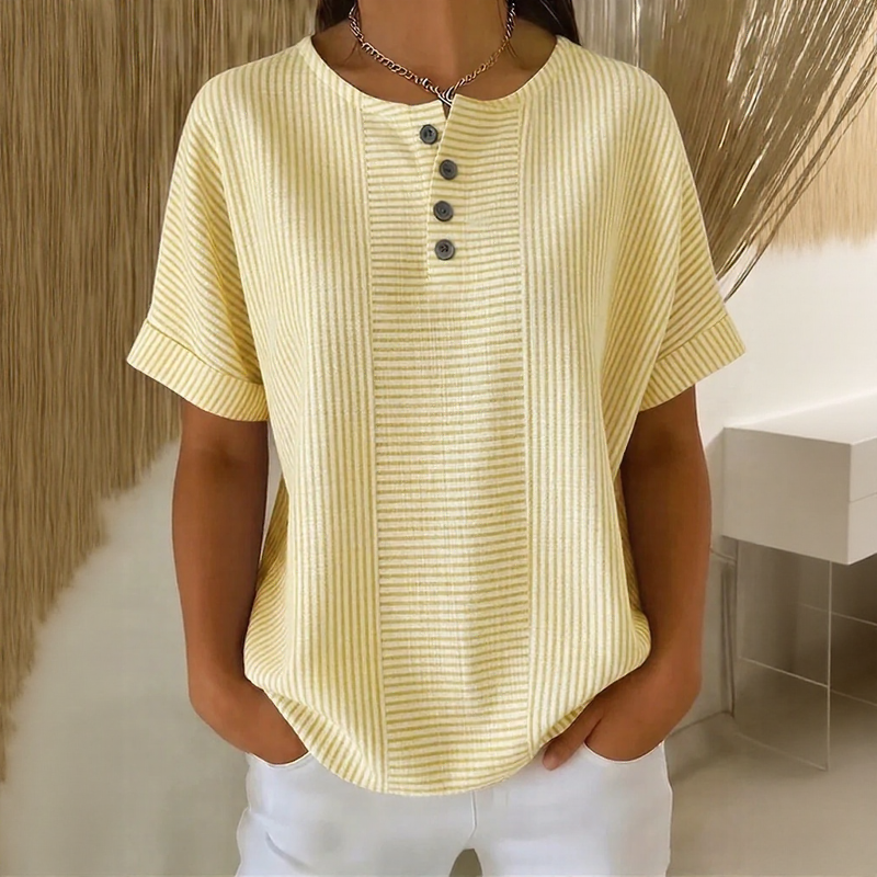 Camiseta Euddora™ Con Rayas Delicadas y Botones Frontales