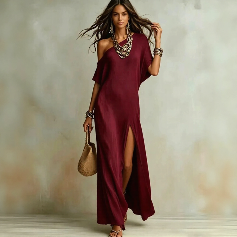 Vestido Velmara™ con Escote Asimétrico y Abertura Frontal Elegante