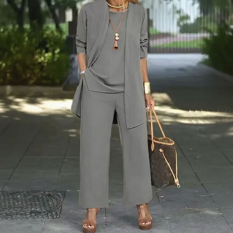 Conjunto Jade™ Minimalista de 3 Piezas con Pantalón Palazzo y Cárdigan Largo