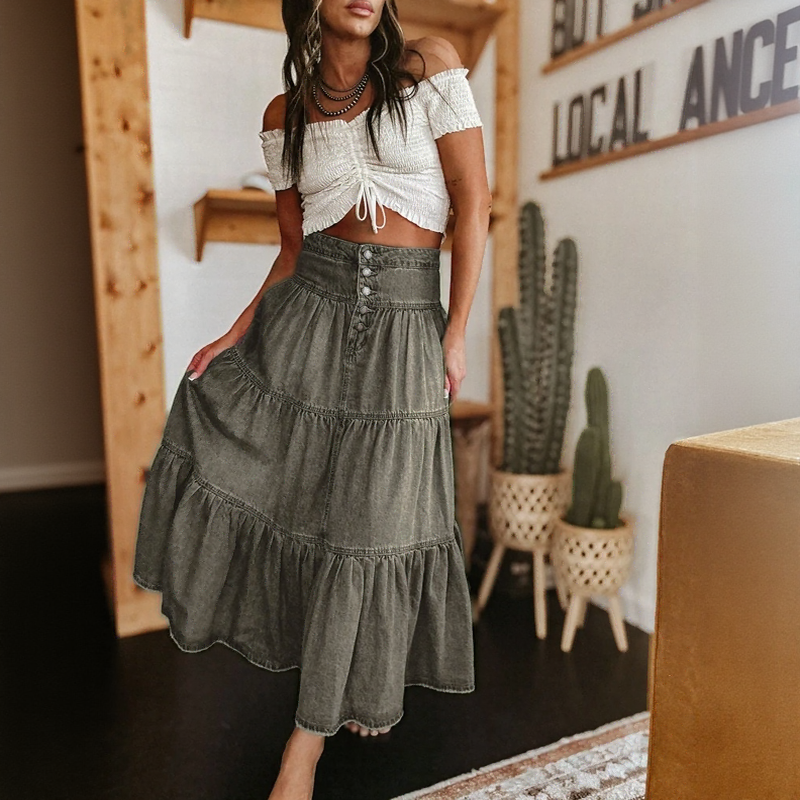 Falda Belle Prairie™ De Denim Lavado Con Capas Fluidas