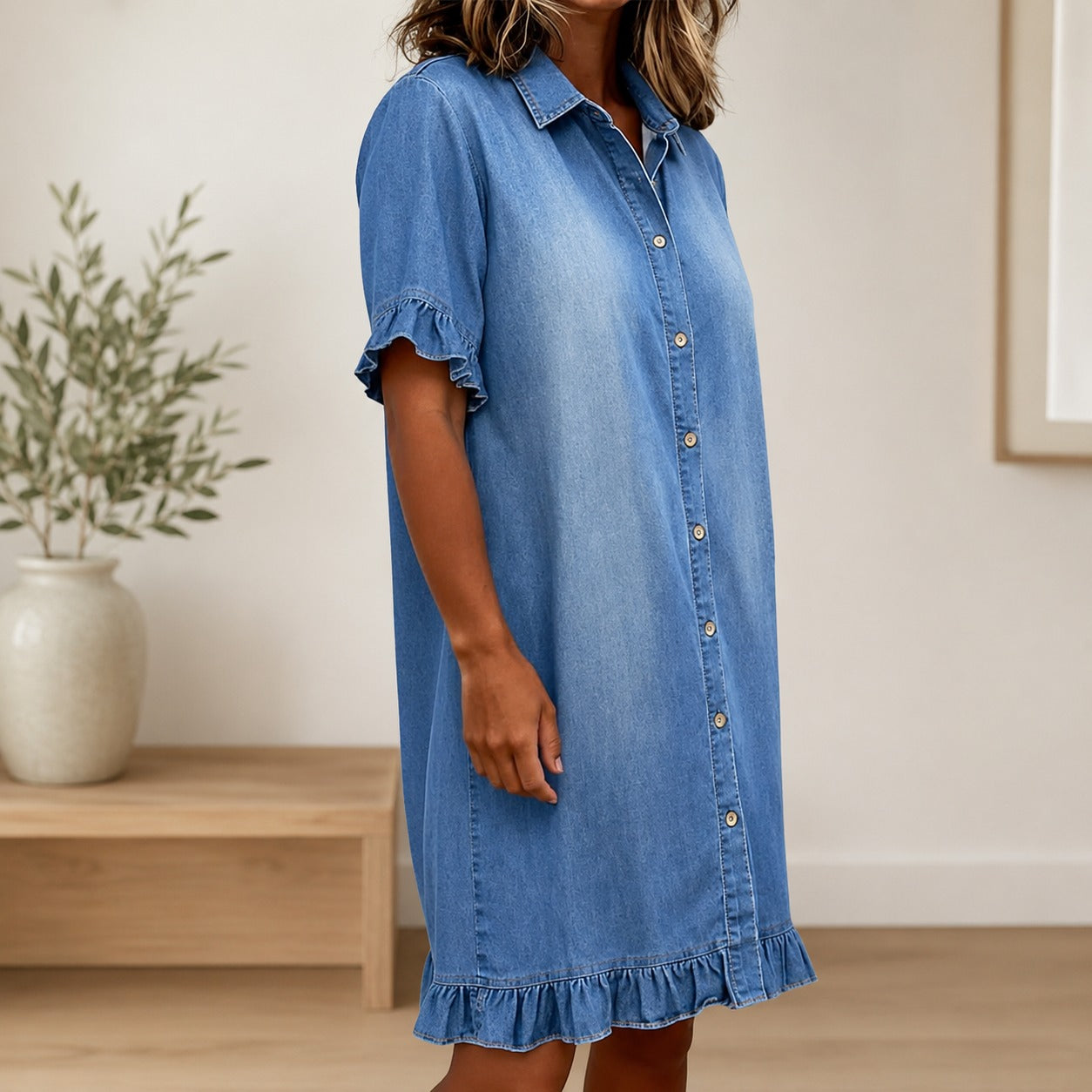 Vestido Camisero Mireya™ en Denim con Mangas Cortas y Volantes