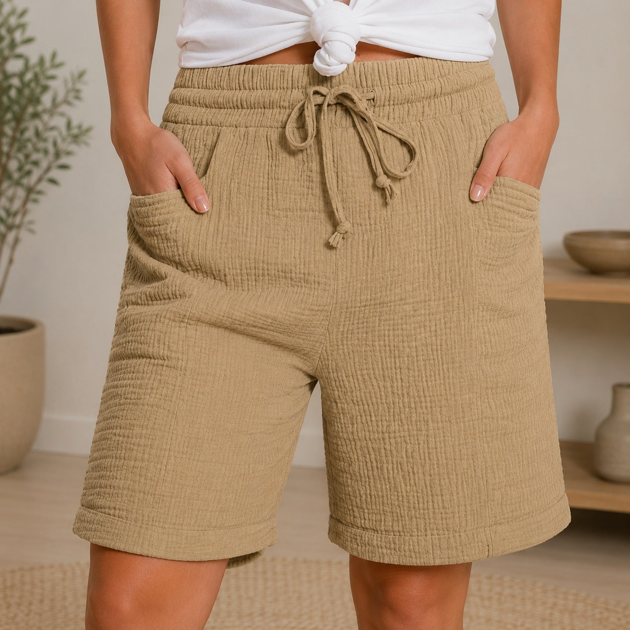 Shorts Lorea™ con Algodón Texturizado y Cintura Alta
