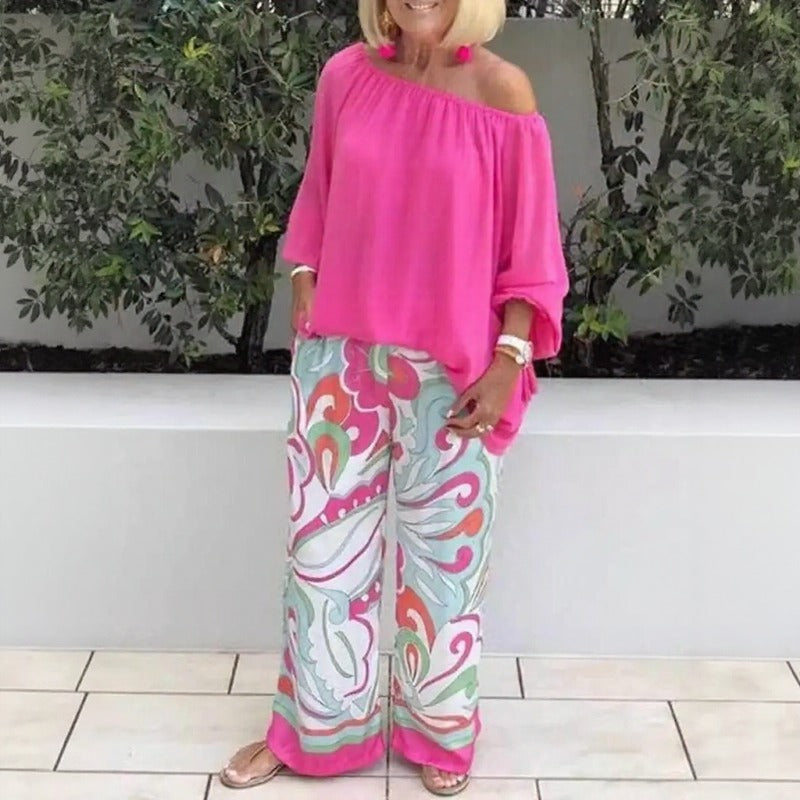 Conjunto Azzura™ Con Top De Hombros Descubiertos Y Pantalón Palazzo Estampado