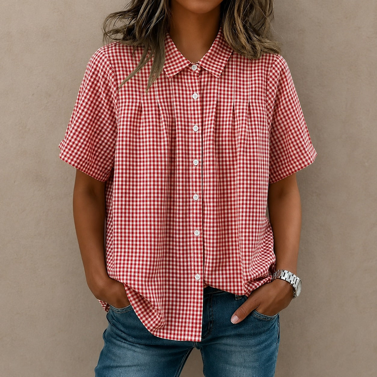 Camisa Celia™ con Estampado de Cuadros Vichy, Pliegues Frontales y Corte Amplio