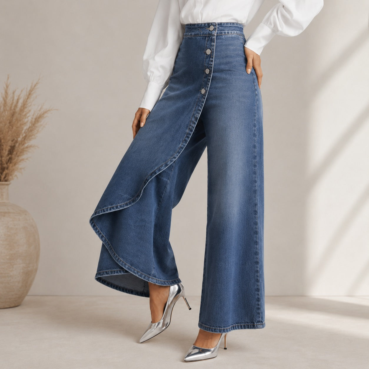 Pantalón Amaris™ con Panel Cruzado, Talle Alto y Corte Amplio