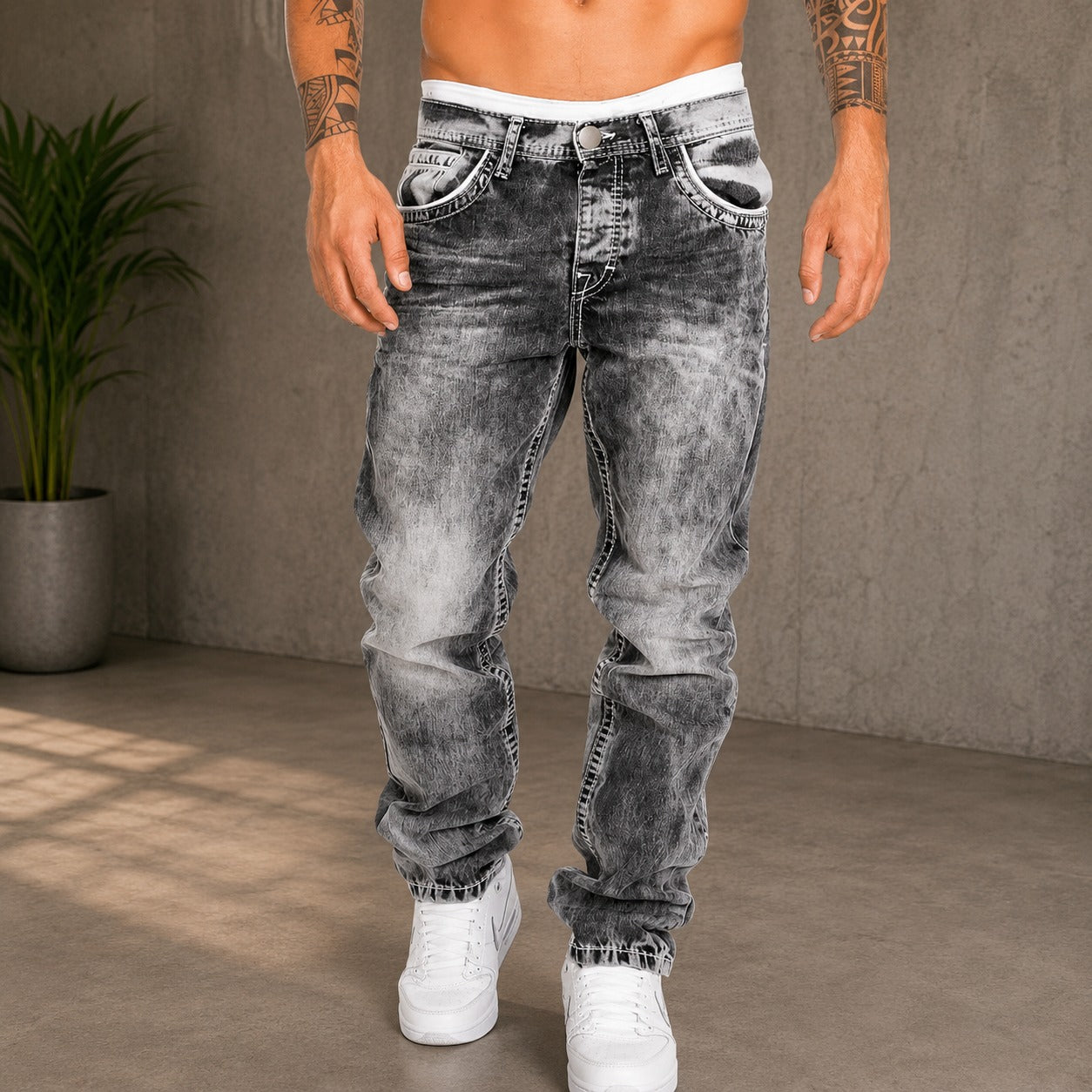 Pantalón Vasto™ con Lavado Desgastado, Corte Recto y Costuras en Contraste