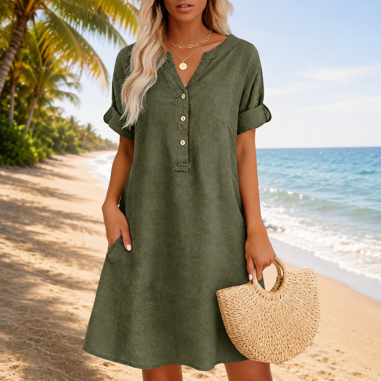 Vestido Talisa™ con Escote V, Botones Frontales y Bolsillos Laterales