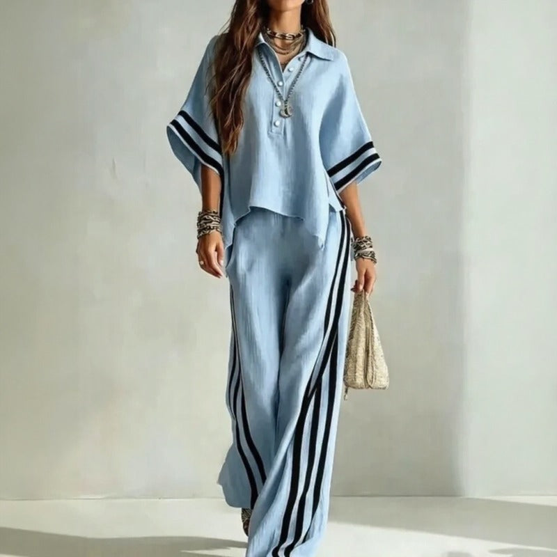 Conjunto Vallena™ Con Blusa De Manga Amplia, Pantalón Palazzo Y Rayas En Contraste