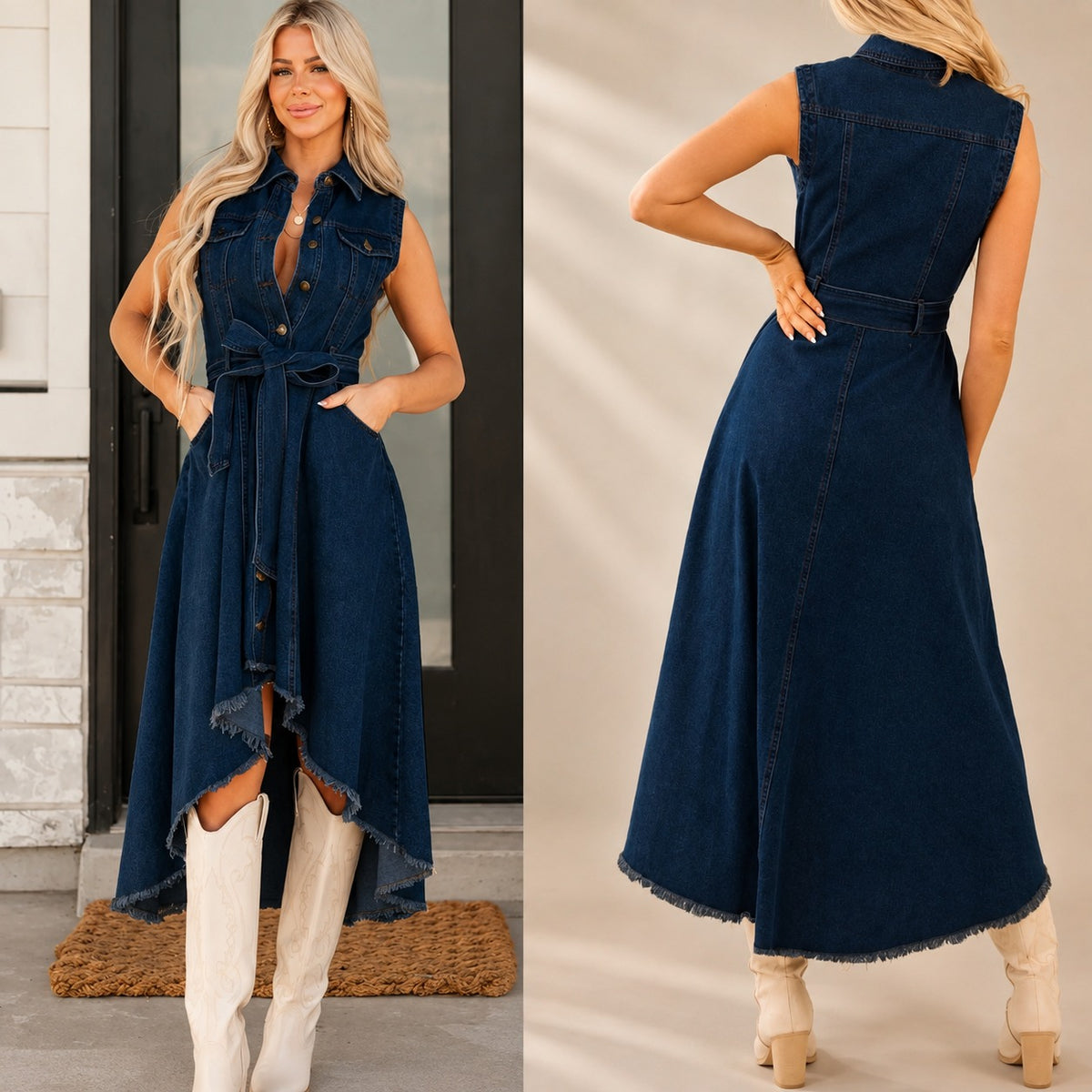 Vestido Vittoria™ de Mezclilla con Cinturón, Botones y Bajo Asimétrico