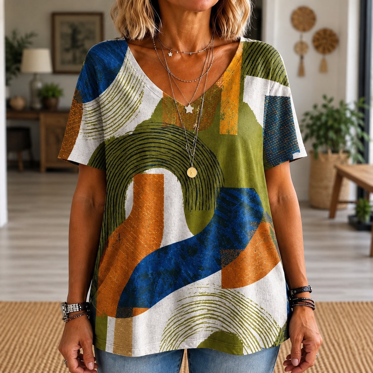 Blusa Morella™ con Estampado Abstracto, Escote V y Corte Amplio