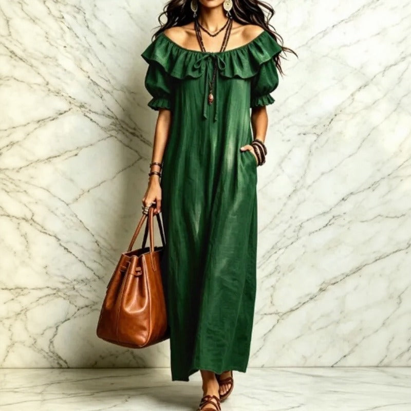 Vestido Neroli™ con Escote de Hombros Descubiertos, Volante Encantador y Caída Suelta