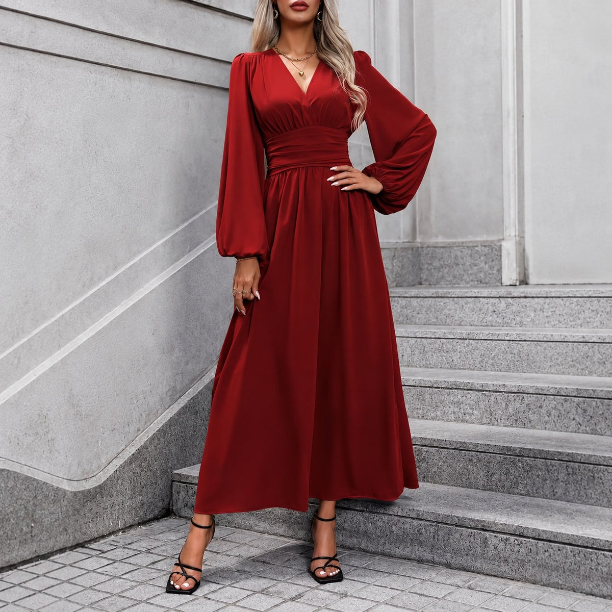 Vestido Isadora™ con Cintura Drapeada y Mangas Abullonadas