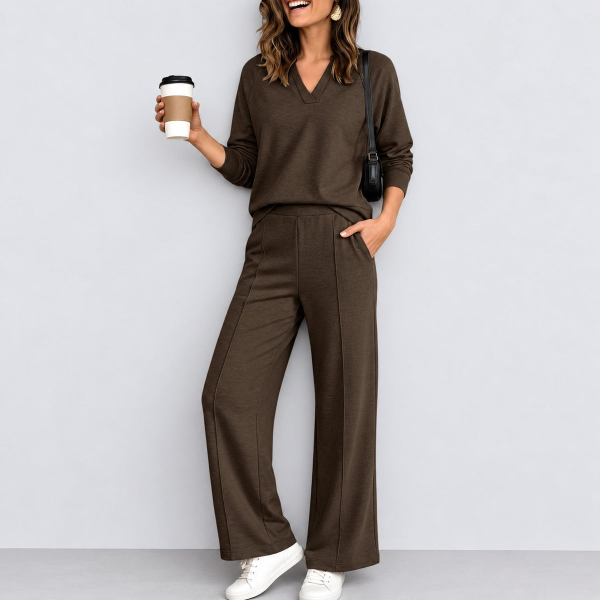 Conjunto Catarina™ con Blusa de Manga Larga, Escote en V y Pantalón Palazzo