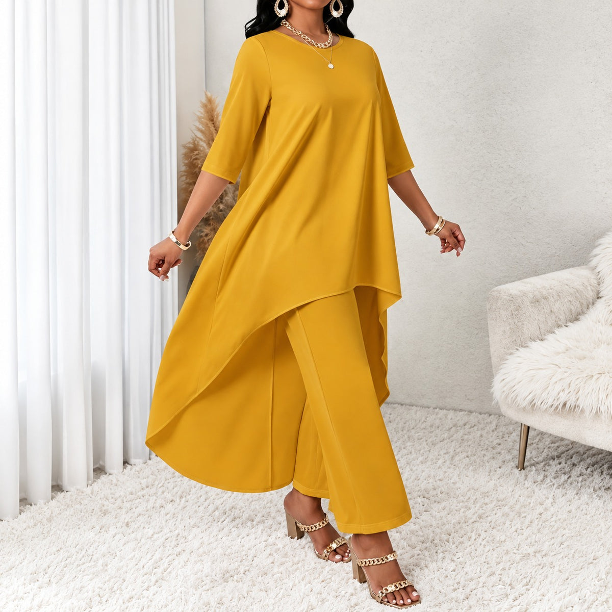 Conjunto Mariela™ con Blusa Larga Asimétrica y Pantalón de Pierna Ancha