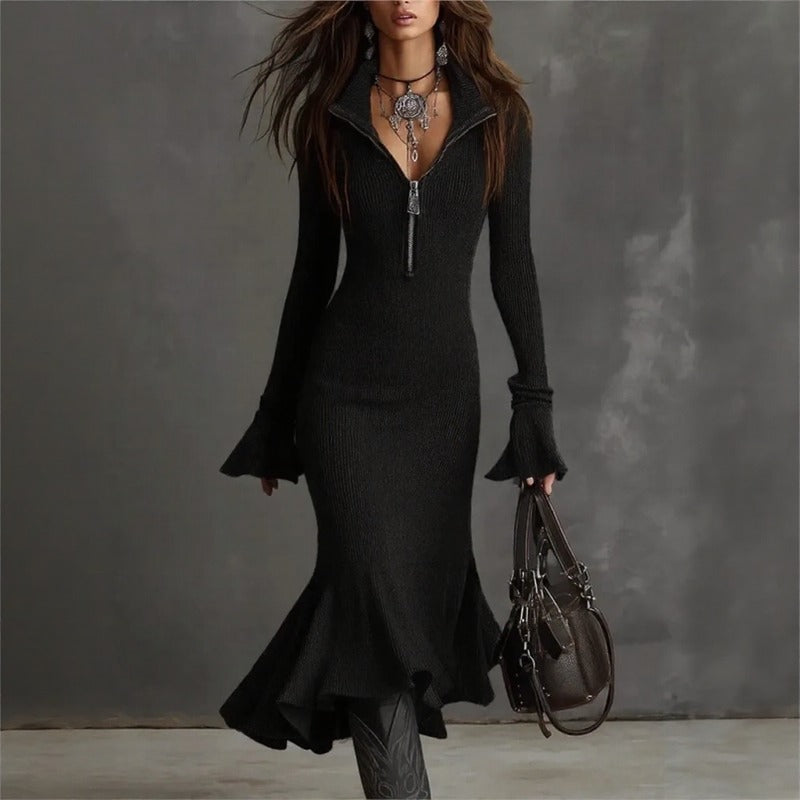 Vestido Evora Luxe™ En Punto Acanalado Con Cremallera Frontal y Falda Sirena