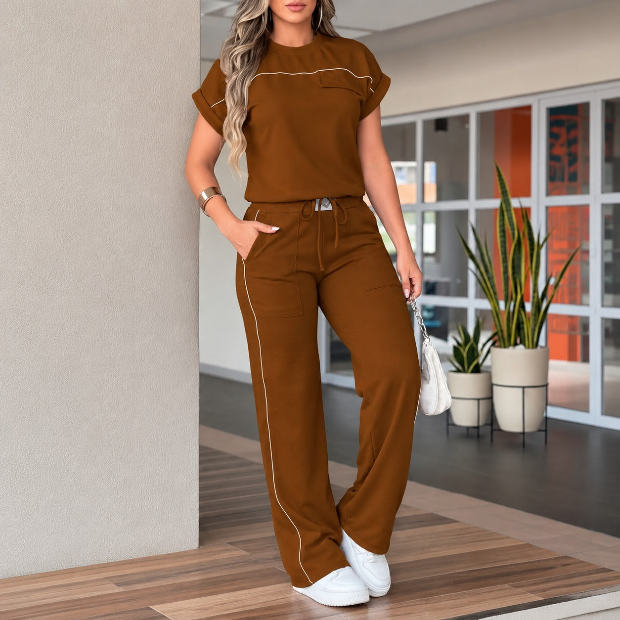 Conjunto Calienne™ Con Pantalón Recto y Blusa de Manga Corta