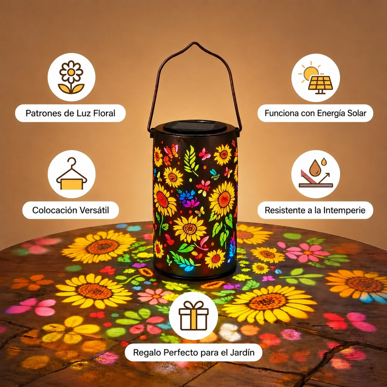 Farol Solar Solana™ con Proyección Floral y Resistencia al Agua