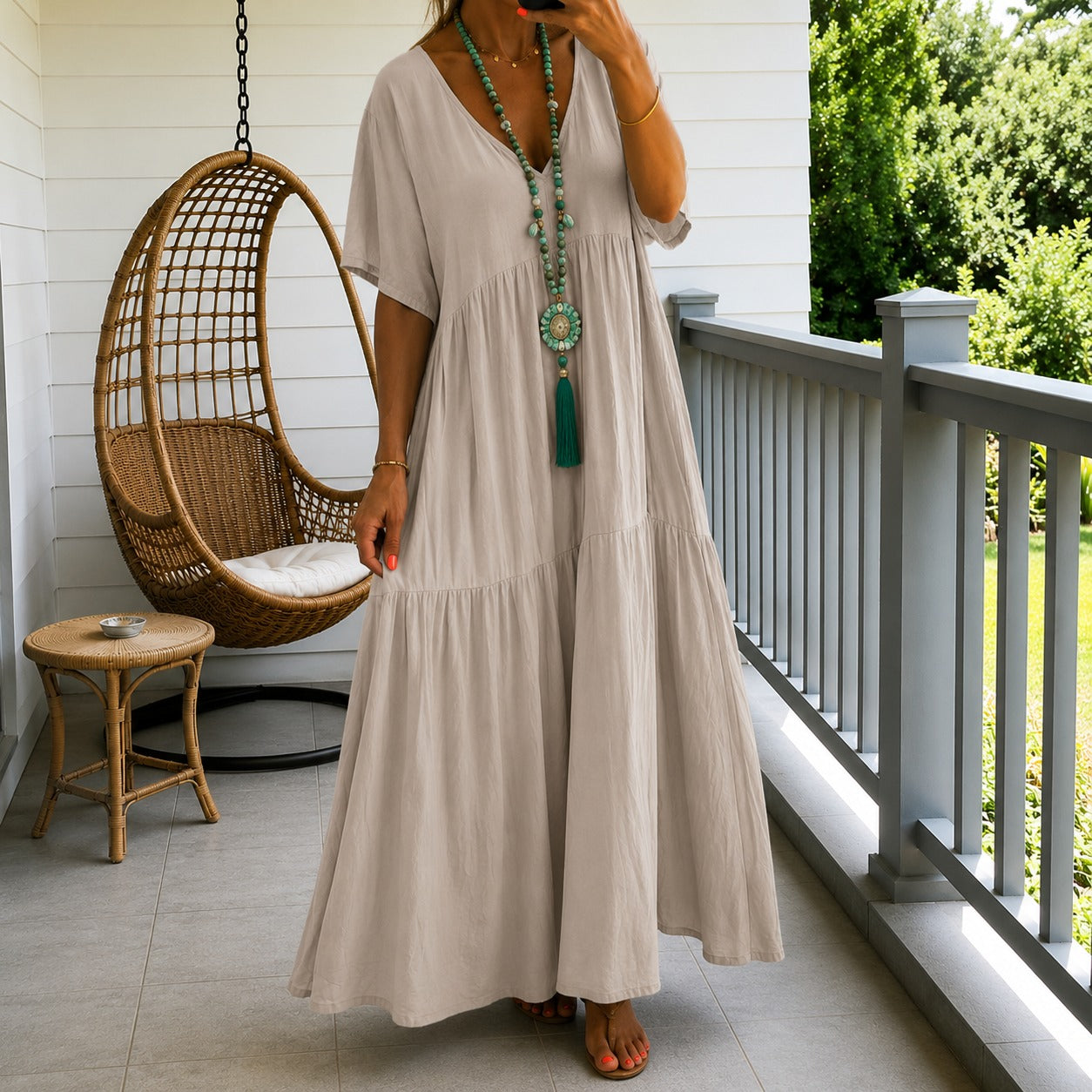 Vestido Liorenna™ en Lino de Algodón con Corte Suelto y Escote en V