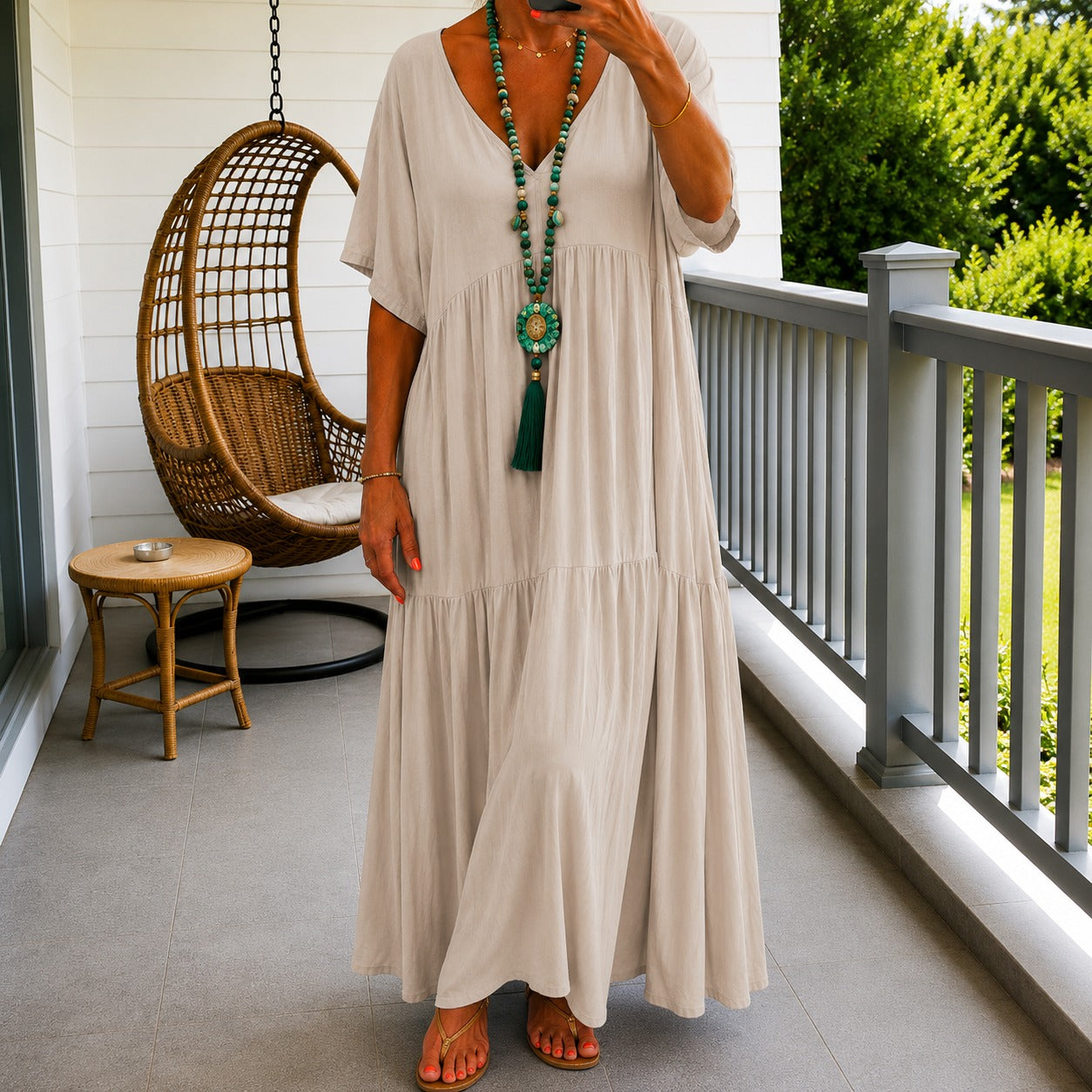 Vestido Liorenna™ en Lino de Algodón con Corte Suelto y Escote en V