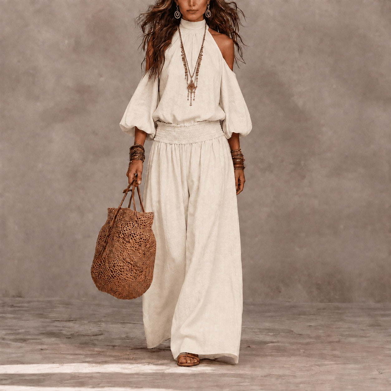 Conjunto Oceane™ con Blusa de Hombros Descubiertos y Pantalón Palazzo con Cintura Fruncida.
