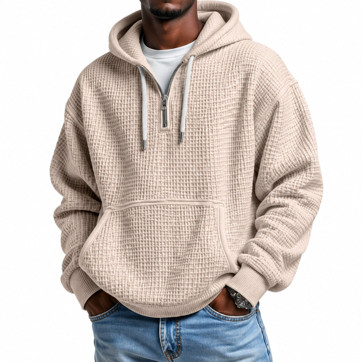 Sudadera Leon™ con Textura Waffle Sutil, Capucha y Medio Cierre