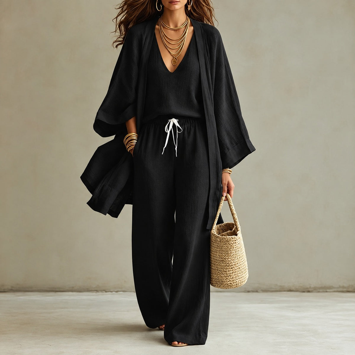 Conjunto Mirelia™ con Top de Escote en V, Pantalón Amplio y Kimono Largo