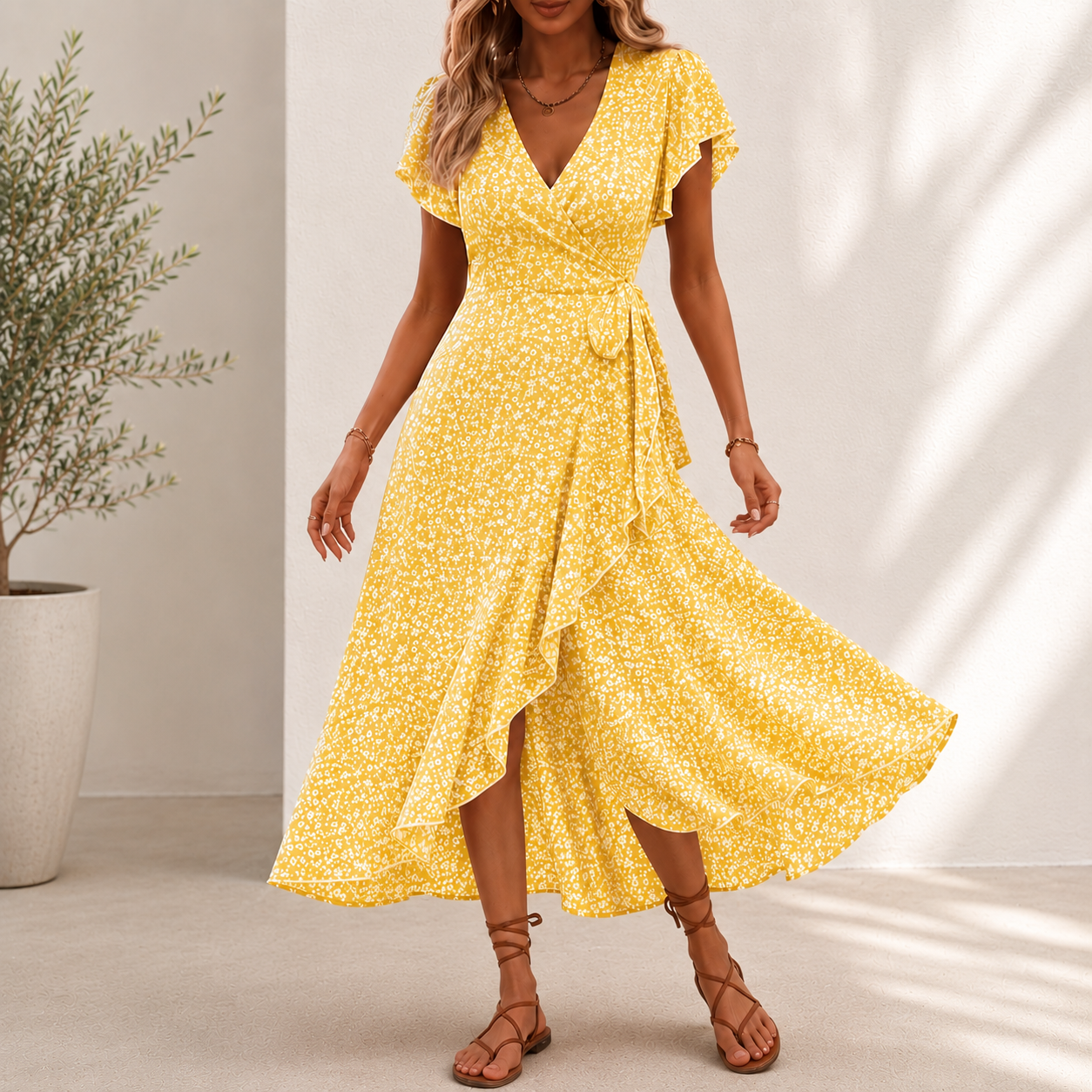 Vestido Midi Roselia™ Con Estampado Floral, Falda Cruzada de Corte Evasé y Escote en V