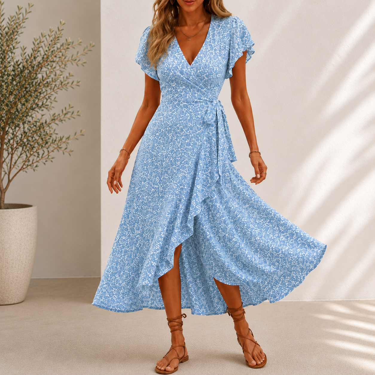 Vestido Midi Roselia™ Con Estampado Floral, Falda Cruzada de Corte Evasé y Escote en V