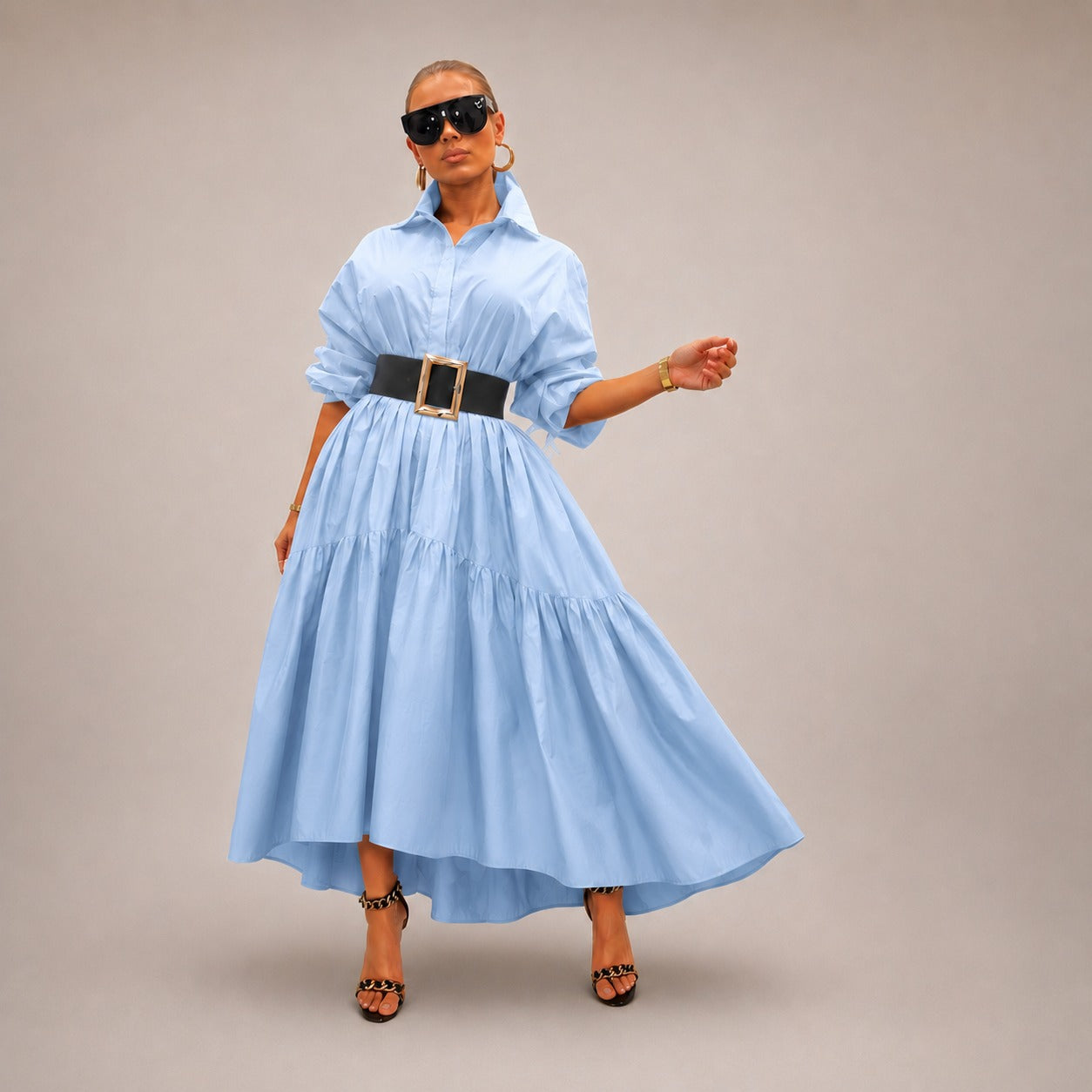 Vestido Midi Selene™ Con Cuello Camisero, Mangas Amplias y Caída Fluida