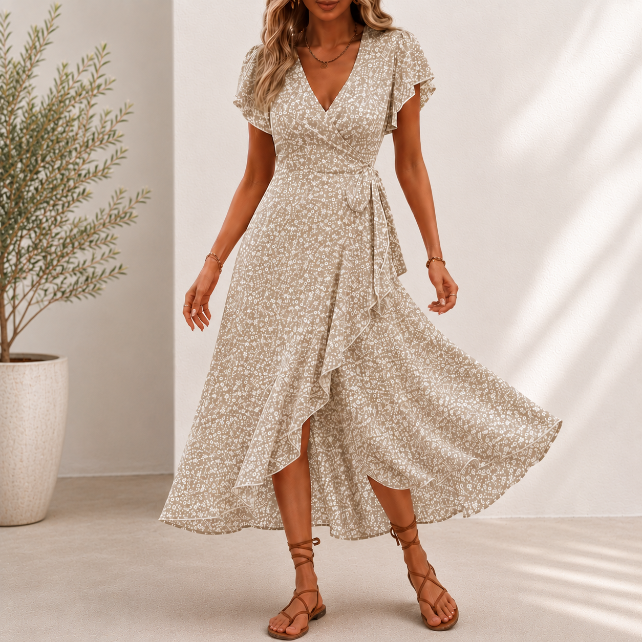 Vestido Midi Roselia™ Con Estampado Floral, Falda Cruzada de Corte Evasé y Escote en V