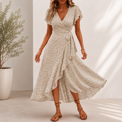 Vestido Midi Roselia™ Con Estampado Floral, Falda Cruzada de Corte Evasé y Escote en V