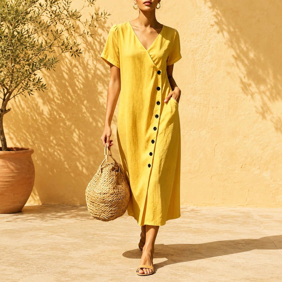 Vestido Midi Clarisa™ Con Escote En V Y Botones Elegantes