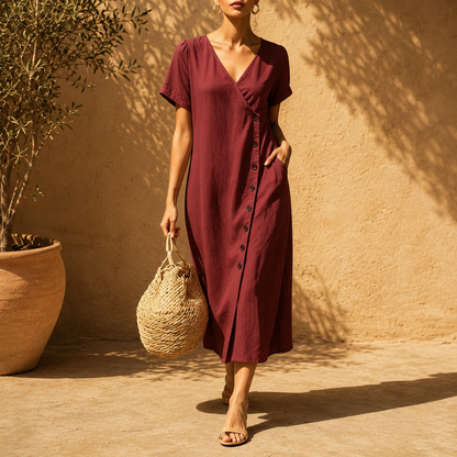 Vestido Midi Clarisa™ Con Escote En V Y Botones Elegantes