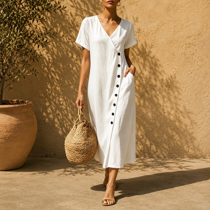 Vestido Midi Clarisa™ Con Escote En V Y Botones Elegantes