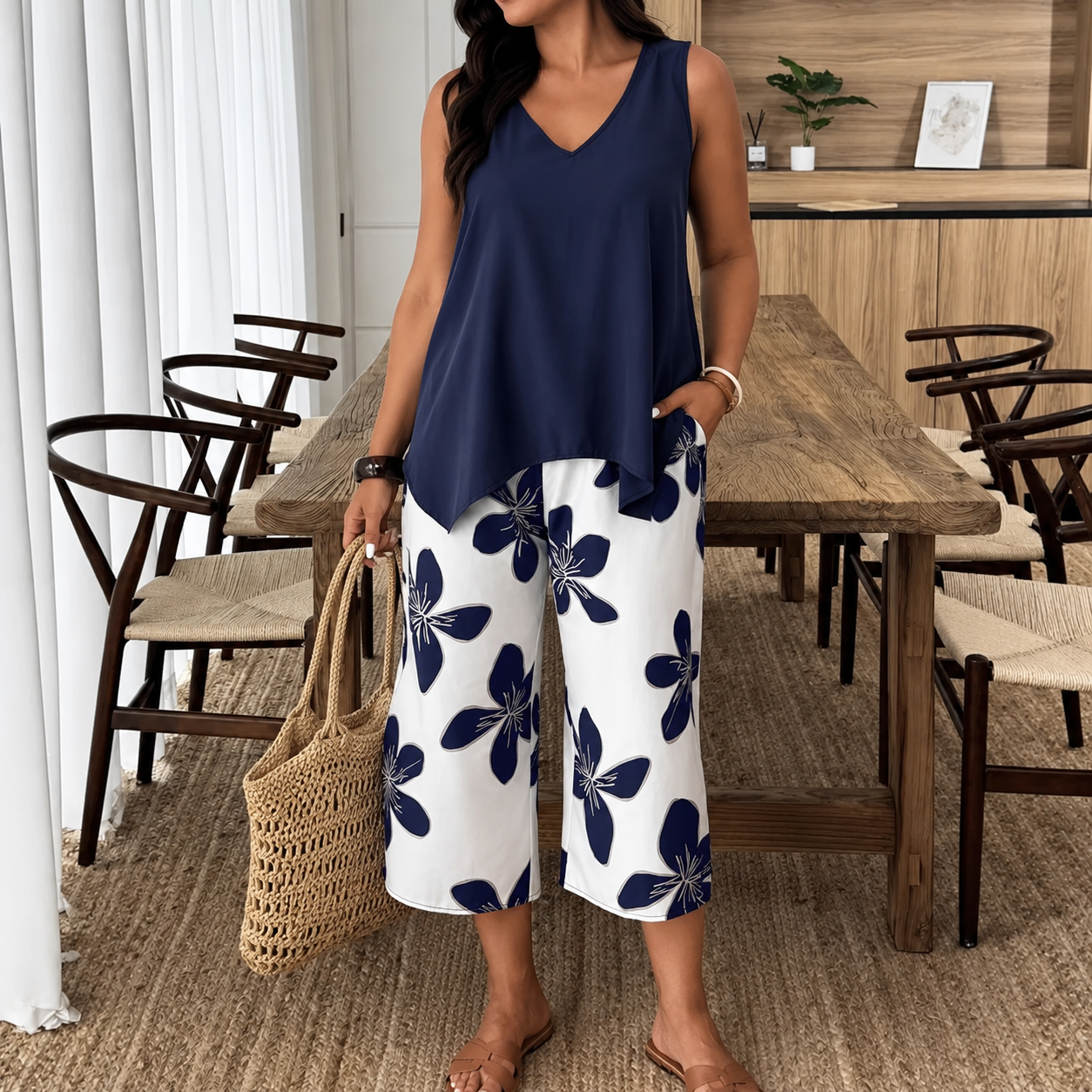 Conjunto Nerina™ Con Top Asimétrico Sin Mangas Y Pantalón Culotte Floral