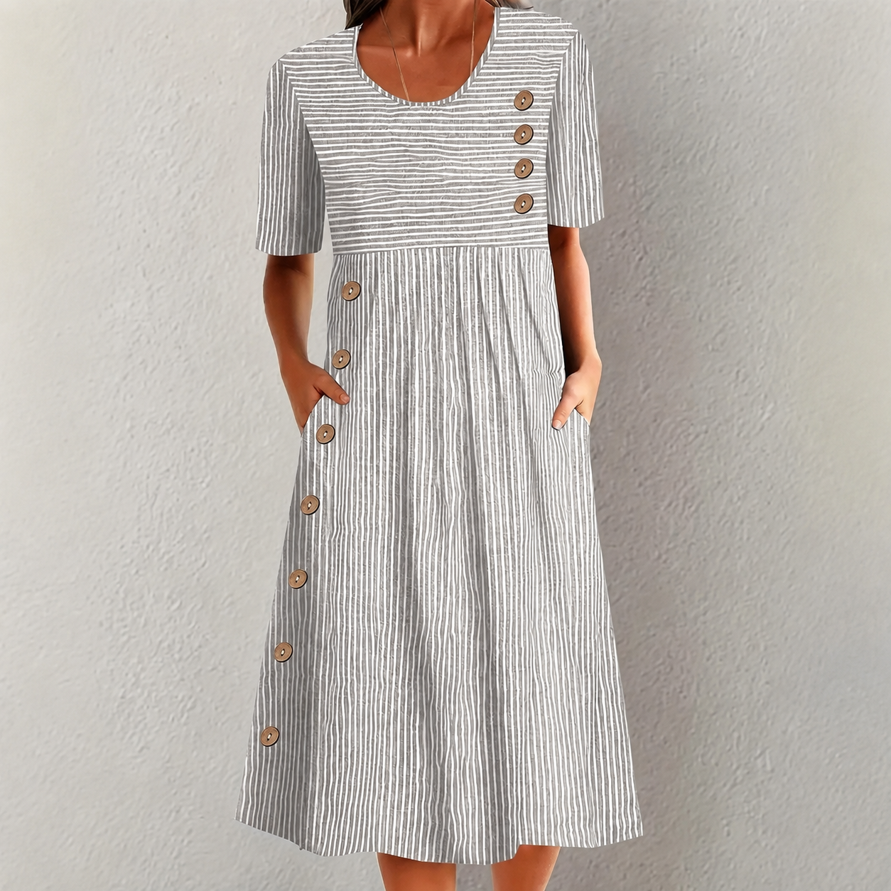 Vestido Elvanna™ con Estampado de Rayas Delicadas y Botones Decorativos