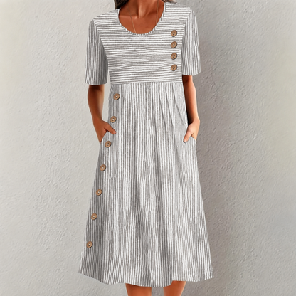 Vestido Elvanna™ con Estampado de Rayas Delicadas y Botones Decorativos
