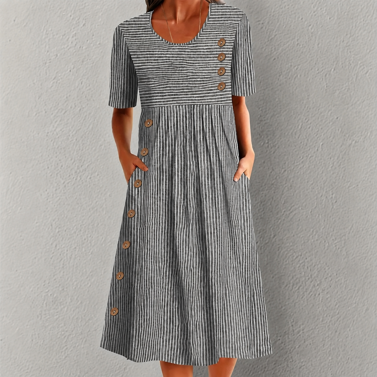 Vestido Elvanna™ con Estampado de Rayas Delicadas y Botones Decorativos