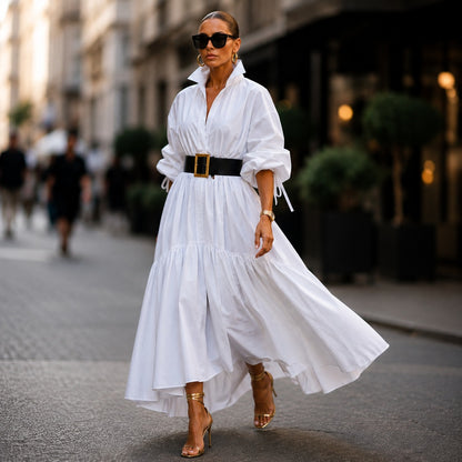 Vestido Midi Selene™ Con Cuello Camisero, Mangas Amplias y Caída Fluida