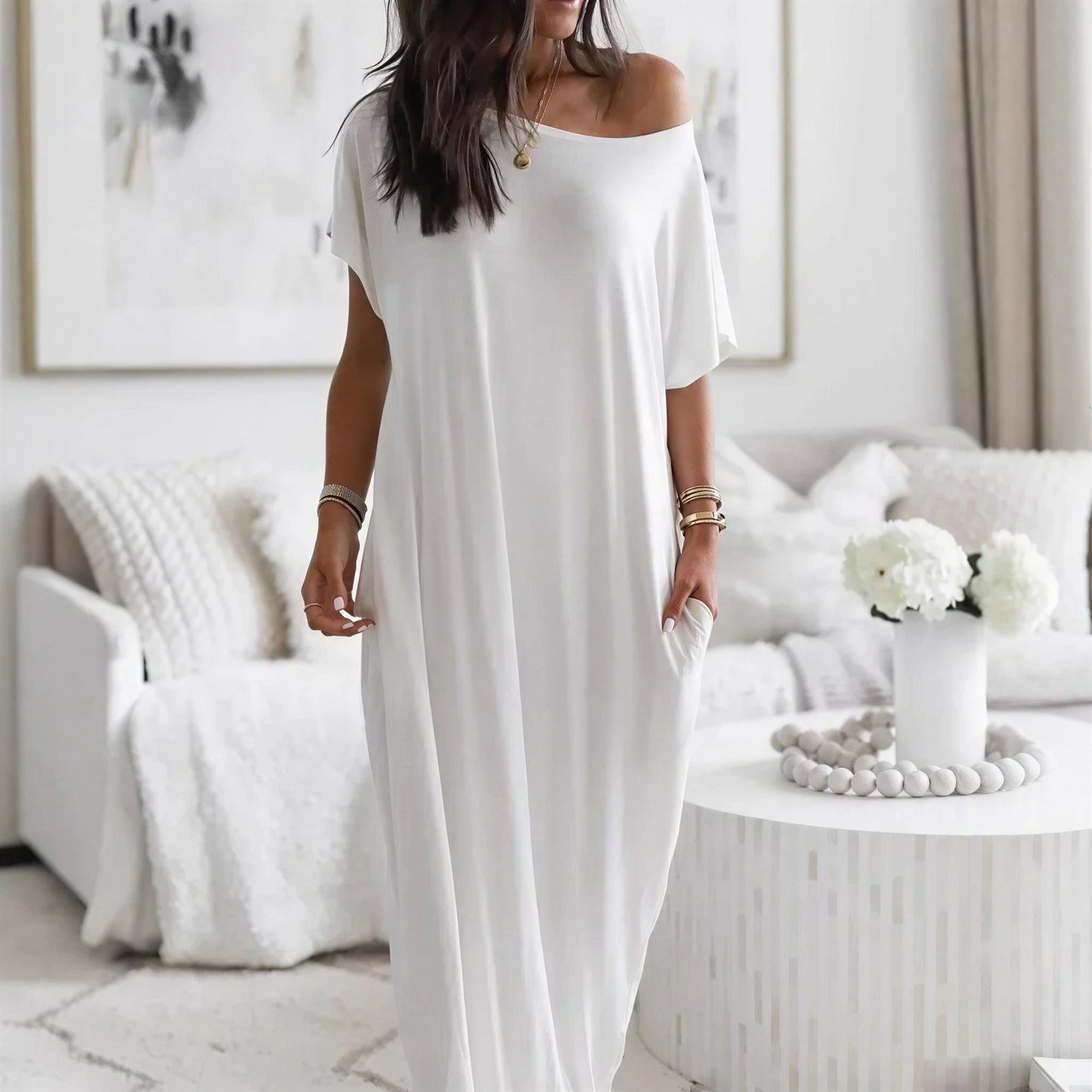 Vestido Maxi Daphne™ con Escote Amplio y Bolsillos Laterales